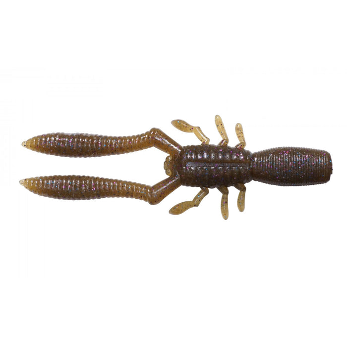 Megabass Bottle Shrimp fishing lure designed to mimic a small crustacean, featuring dual segmented claws and multiple legs in a natural brown color with subtle glitter for enhanced attraction.
