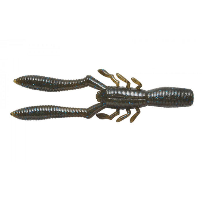 Megabass Bottle Shrimp fishing lure designed to resemble a small crayfish with segmented body, two long pincers, and detailed legs in dark color with blue flecks.