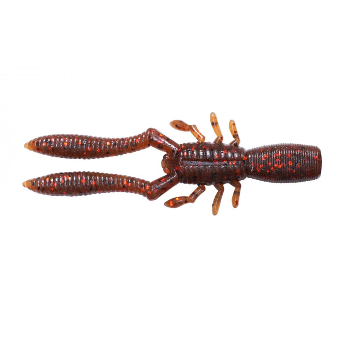 Megabass Bottle Shrimp fishing lure in dark brown with red flecks, featuring two long pincers and multiple small legs designed to mimic a shrimp for effective fishing tackle use.