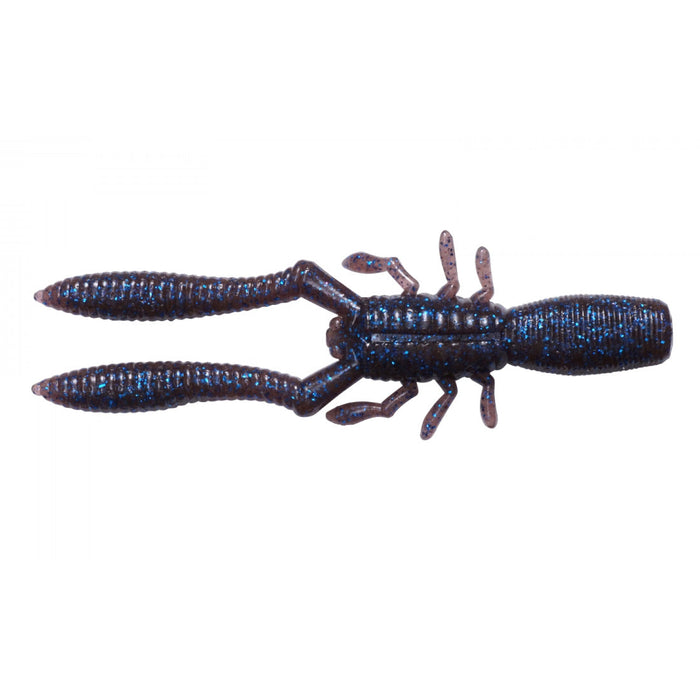 Megabass Bottle Shrimp fishing lure in dark blue with glitter accents, designed to mimic a shrimp with segmented body, multiple legs, and two long tail appendages for musky fishing.