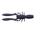 Megabass Bottle Shrimp fishing lure in dark blue with glitter accents, designed to mimic a shrimp with segmented body, multiple legs, and two long tail appendages for musky fishing.