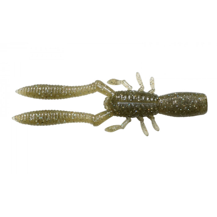 Megabass Bottle Shrimp fishing lure in translucent green with glitter, designed to mimic a shrimp, featuring multiple appendages for realistic movement in water.