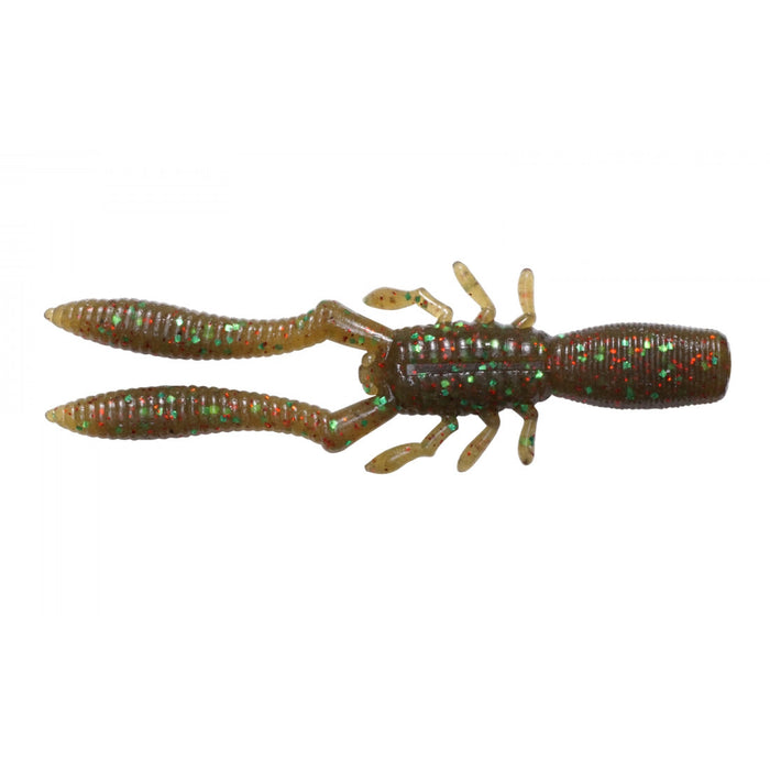 Detailed image of a Megabass Bottle Shrimp fishing lure in green with red and silver glitter, designed to imitate a shrimp for effective fishing tackle use.