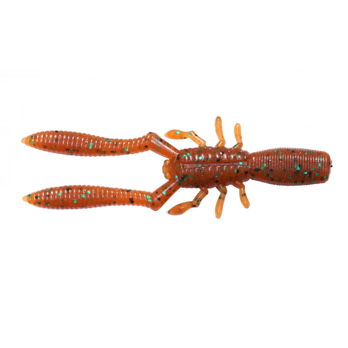 Megabass Bottle Shrimp fishing lure in translucent orange with green and black speckles, designed to mimic a shrimp for effective fishing tackle use.