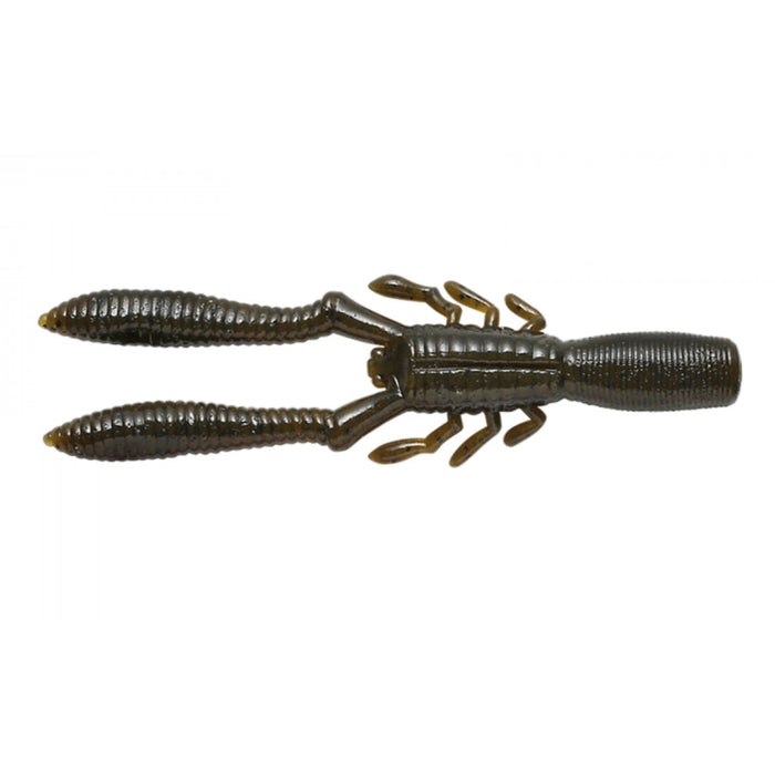 Megabass Bottle Shrimp fishing lure designed to mimic a shrimp with segmented body, multiple legs, and two long pincers, featuring a dark, textured finish for realistic appeal.