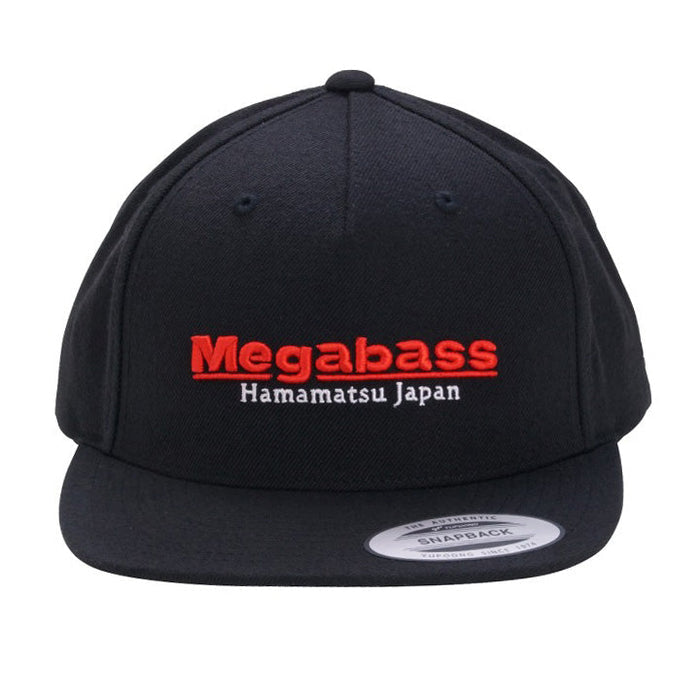 Megabass Classic Snapback Hat in black with a red Megabass Hamamatsu Japan logo flat brim and adjustable snapback closure