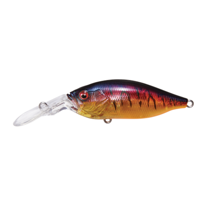 Megabass Deep-X 100 LBO fishing lure with a vibrant red, purple, and gold body, detailed scale pattern, clear diving lip, and multiple attachment points for fishing tackle use.