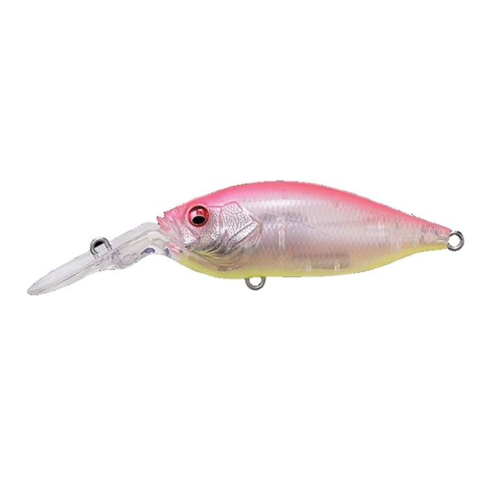 Megabass Deep-X 100 LBO fishing lure in translucent pink and yellow with a clear diving lip, designed for precise fishing tackle performance.