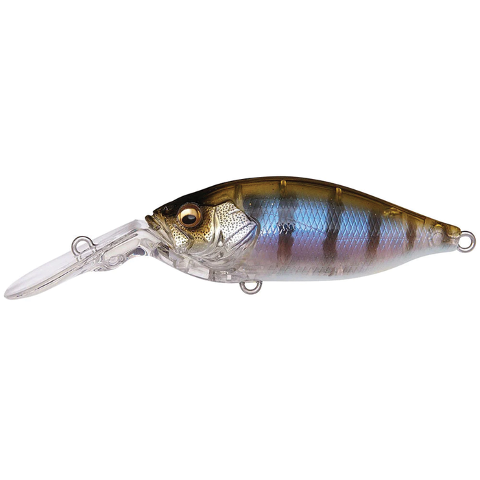Megabass Deep-X 200 LBO fishing lure with a translucent brown and blue body featuring a textured scale pattern and a long diving lip for deep water fishing.