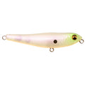 Megabass Dog-X Jr. Coayu BFS fishing lure with a pearlescent, milk-colored body, realistic eyes, and a small black spot near the center for targeting musky and ice fishing.
