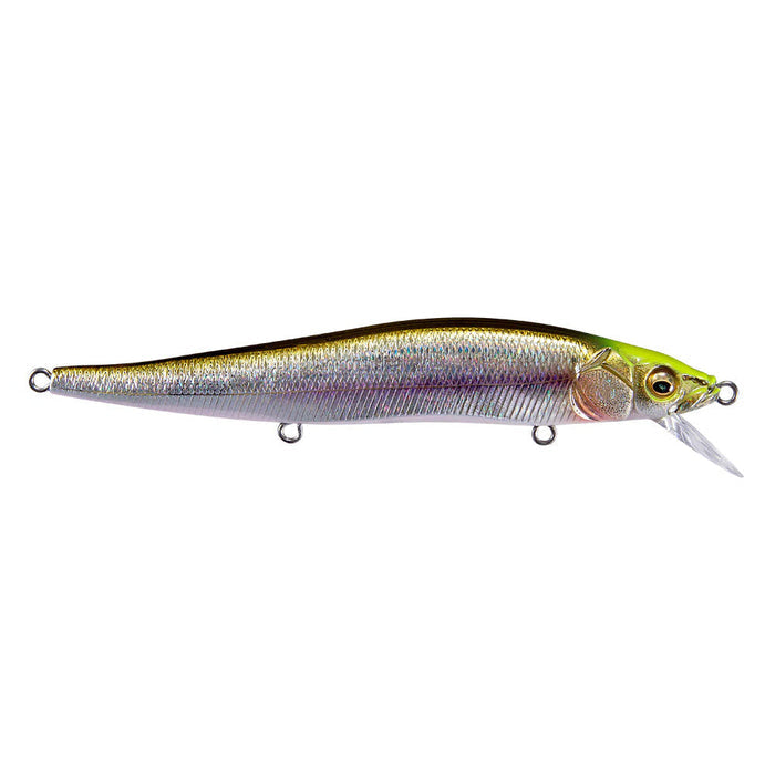 Megabass Great Hunting 110 Jerkbait fishing lure with a sleek, elongated body in metallic silver and green hues, designed for precise movement in water to attract fish.