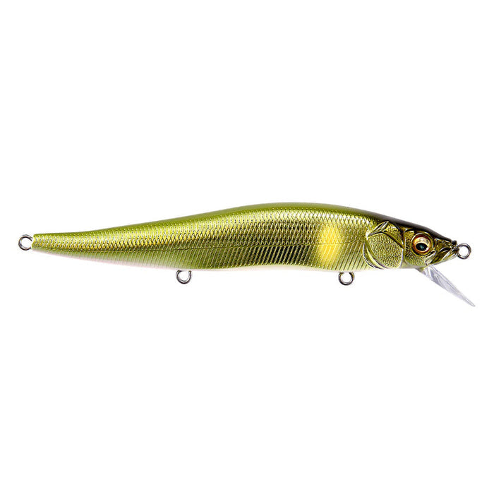 Megabass Great Hunting 110 Jerkbait fishing lure in shiny green and gold tones with detailed scale texture and lifelike eye, designed for effective fishing tackle use.