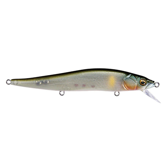 Megabass Great Hunting 110 Jerkbait fishing lure with a sleek, realistic fish design in shades of green and silver, featuring detailed scales and a clear diving lip for precise action.