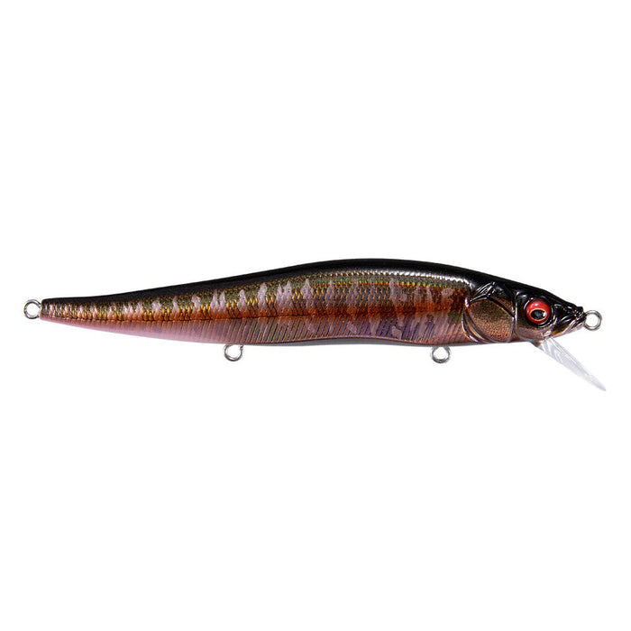 Megabass Great Hunting 110 Jerkbait fishing lure with realistic brown and black scale pattern, red eyes, and a clear diving lip for effective fishing tackle use.