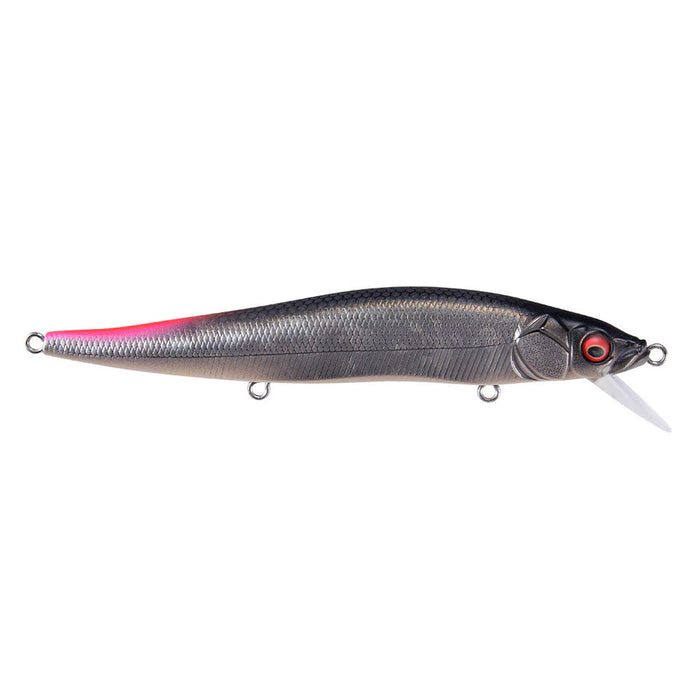 Megabass Great Hunting 110 Jerkbait fishing lure with a sleek black and grey scaled body, red eye detail, and a small diving lip for realistic movement in water.