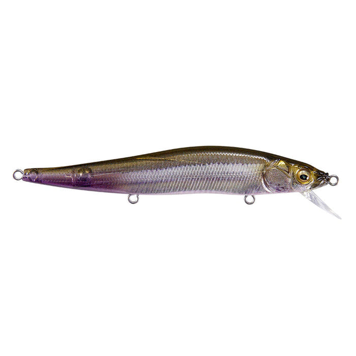 Megabass Great Hunting 110 Jerkbait fishing lure with a detailed lifelike fish design, iridescent purple and olive green coloring, and a clear plastic lip for diving action.