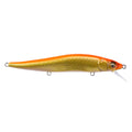 Megabass Great Hunting 110 Jerkbait fishing lure in orange and gold with detailed scales, realistic eyes, and three attachment points for hooks.