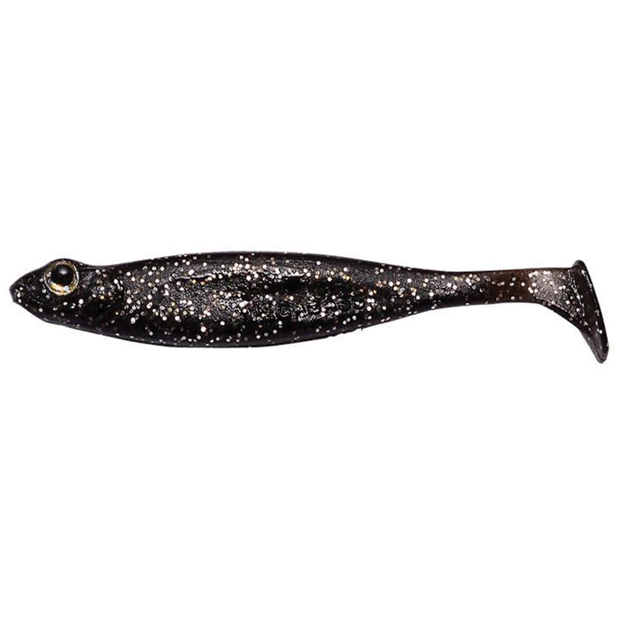 Megabass Hazedong Shad fishing lure in black with silver glitter, designed to imitate a small baitfish for effective freshwater fishing tackle.