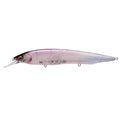 Megabass Kanata +1 fishing lure with a sleek, translucent body featuring subtle pink and natural shading, designed for precise casting and effective fish attraction.