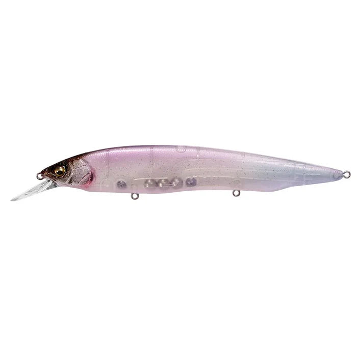 Megabass Kanata +1 fishing lure with a sleek, translucent body featuring subtle pink and natural shading, designed for precise casting and effective fish attraction.