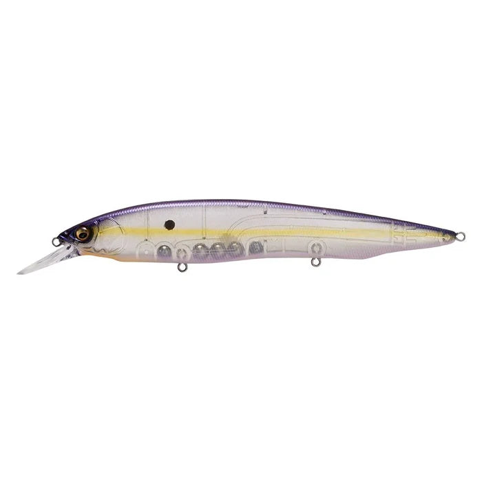Megabass Kanata +1 fishing lure with a slender, elongated body in transparent and purple tones, designed for precise movement in water to attract fish.