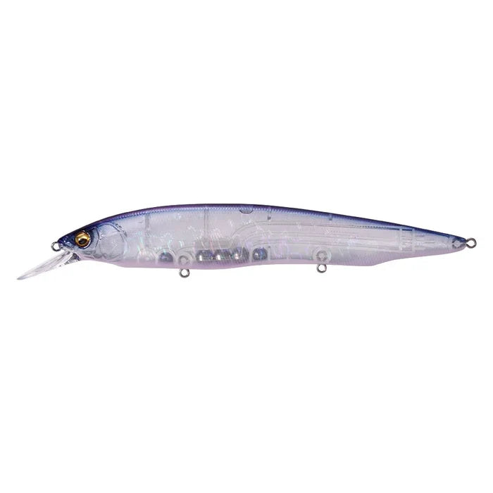 Megabass Kanata +1 fishing lure in translucent blue and silver with detailed fish scale pattern and realistic eye, designed for precision casting and effective freshwater fishing.