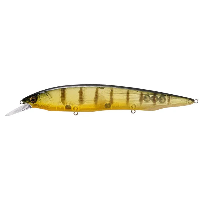 Megabass Kanata +1 fishing lure with a slender, minnow-shaped body in translucent gold and yellow tones, featuring realistic scale and stripe patterns for musky fishing.