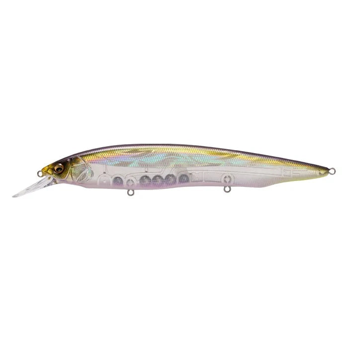 Megabass Kanata +1 fishing lure with a slender, translucent body featuring a reflective, iridescent finish and a detailed fish head design for realistic fishing tackle use.