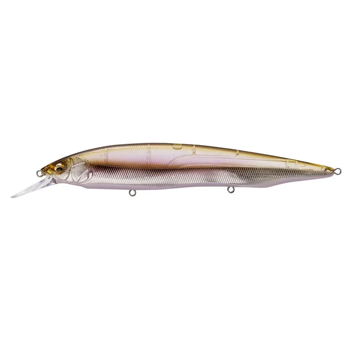 Megabass Kanata +1 fishing lure with a slender, realistic fish design featuring a translucent body with gold and purple hues, designed for effective fishing tackle use.