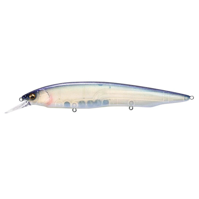 Megabass Kanata +1 fishing lure with a translucent body, blue top, detailed eyes, and a diving lip designed for effective musky fishing tackle.