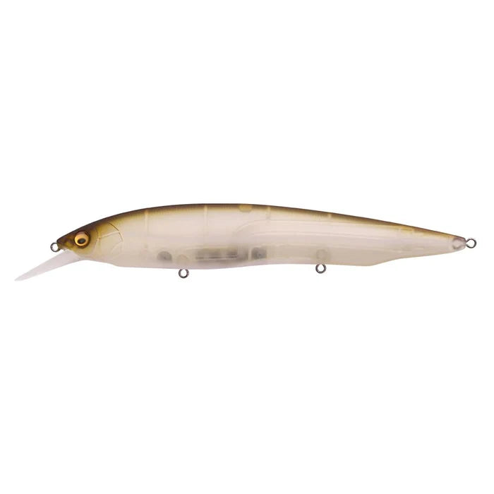 Megabass Kanata +1 fishing lure with a translucent body, detailed lifelike eyes, and a small diving lip designed for attracting musky and other freshwater fish.