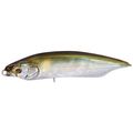 Megabass Karashi 80 fishing lure with a sleek, fish-shaped body featuring iridescent silver and green scales, designed for attracting musky and other predatory fish.