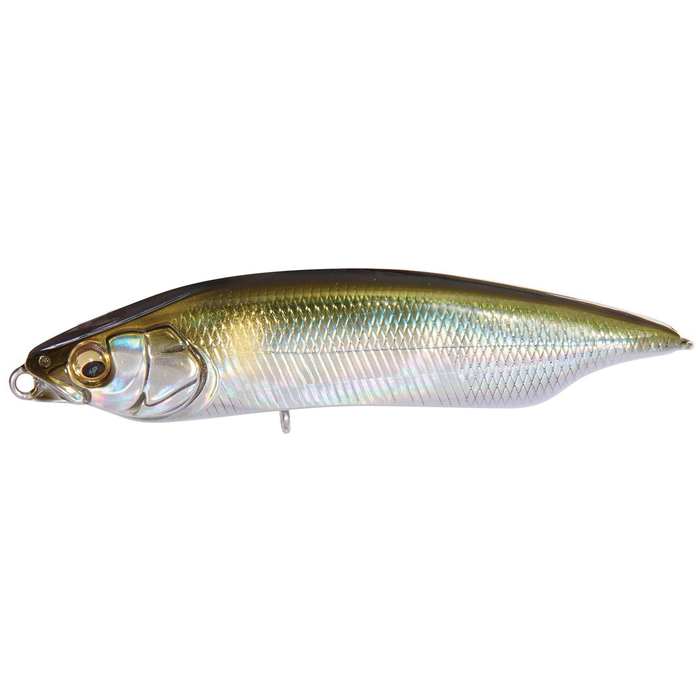Megabass Karashi 80 fishing lure with a sleek, fish-shaped body featuring iridescent silver and green scales, designed for attracting musky and other predatory fish.