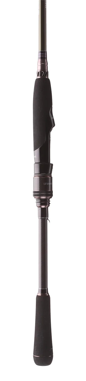 Close-up of the handle and reel seat of Megabass Levante USA Rods featuring a sleek black grip and detailed craftsmanship designed for precision fishing tackle use.