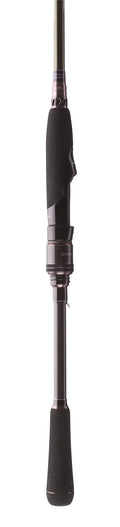 Close-up of the handle and reel seat of Megabass Levante USA Rods featuring a sleek black grip and detailed craftsmanship designed for precision fishing tackle use.