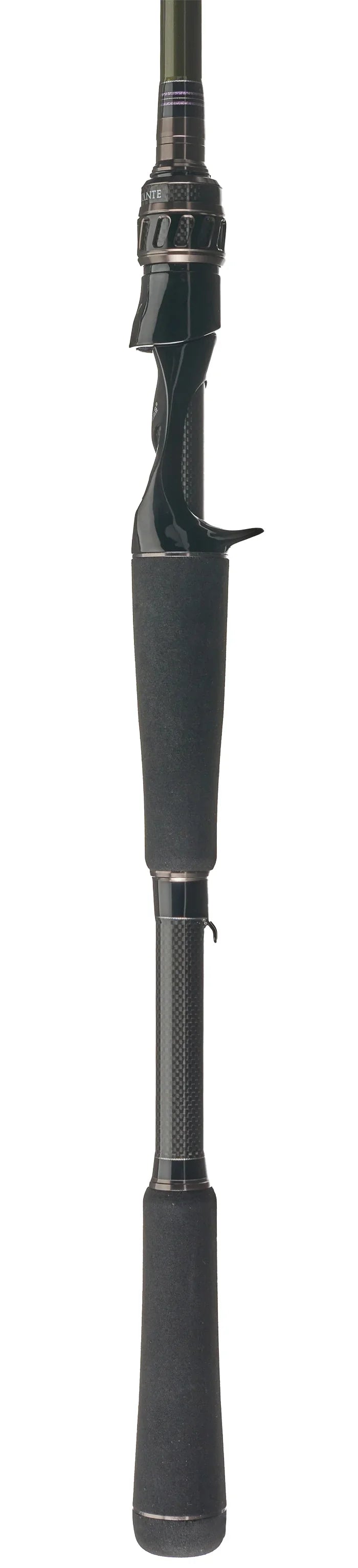 Close-up view of the handle and reel seat of Megabass Levante USA Rods featuring a sleek black ergonomic grip, carbon fiber accents, and durable construction ideal for fishing tackle enthusiasts.
