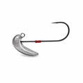 Close-up image of a silver fishing jig head with a sharp black hook, featuring the engraved name Megabass Magdraft Head, designed for musky fishing tackle.
