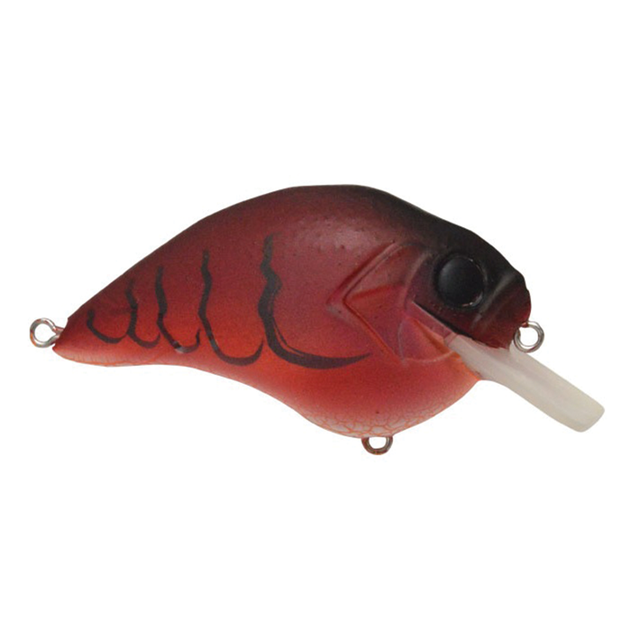 Compact red and black Megabass S-Crank 1.5 fishing lure with curved body and small lip designed for realistic movement in water, ideal for musky fishing tackle.