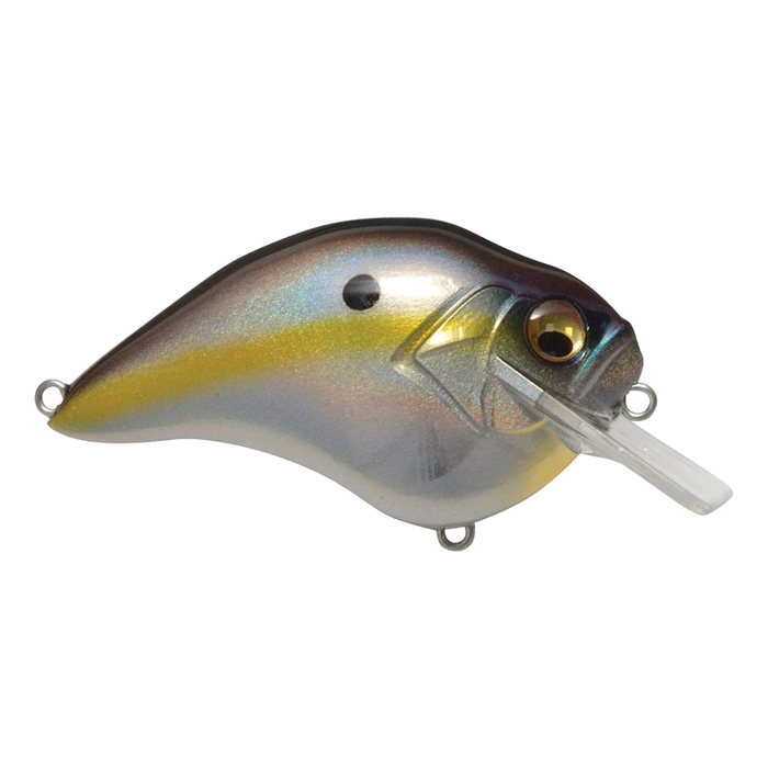 Megabass S-Crank 1.5 fishing lure with a shiny, metallic finish in shades of gold, silver, and dark purple, featuring a clear diving lip and detailed eye for musky fishing tackle.