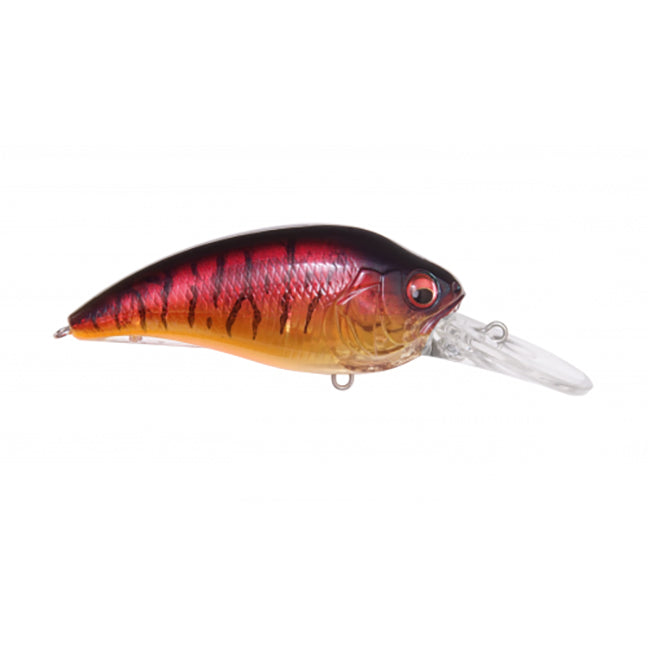 Megabass Super-Z Z2 fishing lure with a shiny red and amber body, black tiger stripe pattern, realistic eyes, and a clear diving lip for deep water fishing.