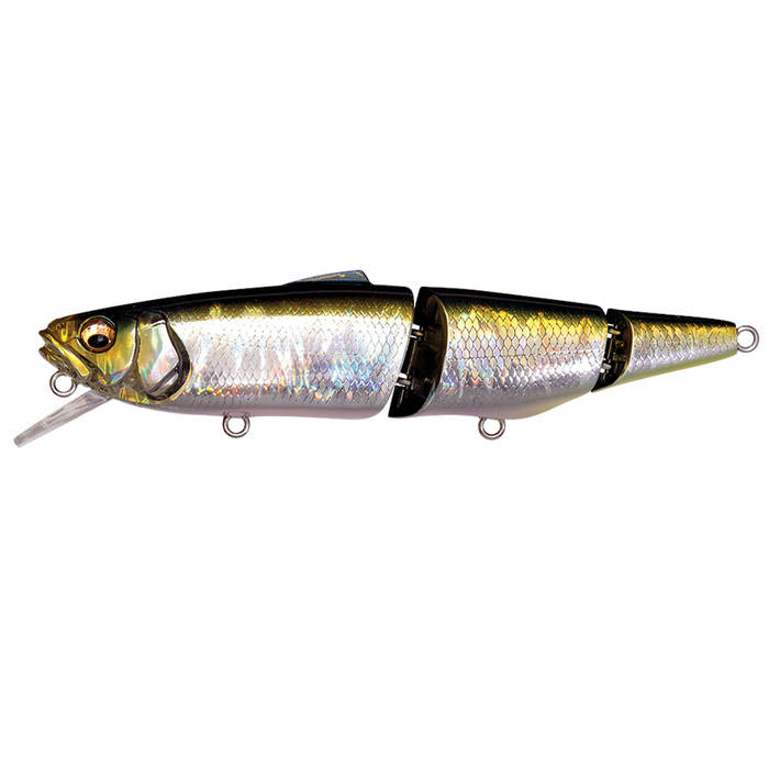 Megabass SuWitch segmented fishing lure with reflective silver and gold scales, lifelike fish eyes, and a detailed curved lip for realistic swimming action.