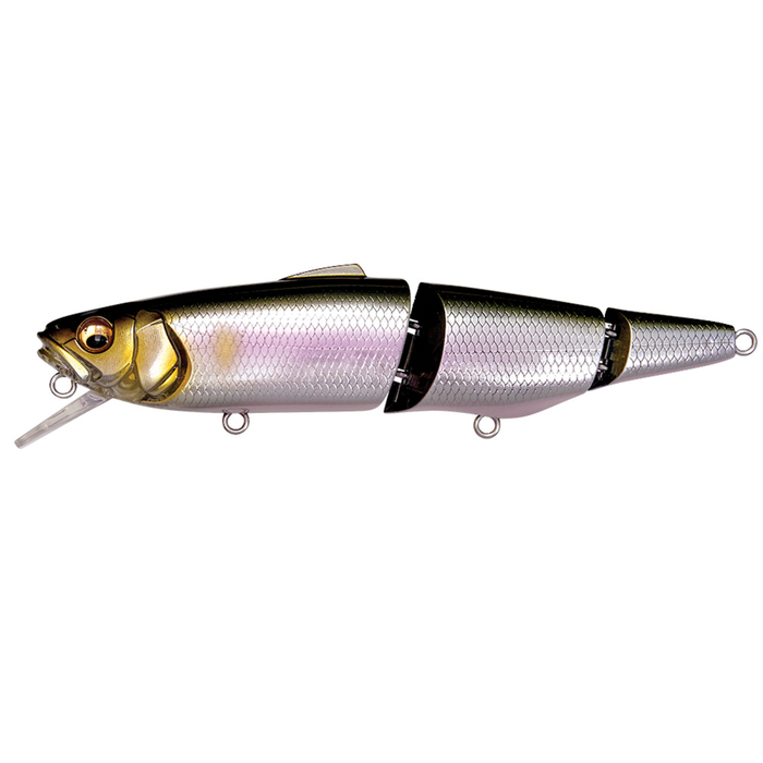 Megabass SuWitch segmented fishing lure with realistic fish scale pattern and jointed body design for lifelike movement in water, ideal for musky fishing tackle.