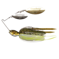 Megabass SV3 Spinnerbait (DW) featuring dual metallic gold and silver blades, a weighted fish-shaped head, and a two-tone skirt with green, brown, and chartreuse strands designed for fishing tackle.