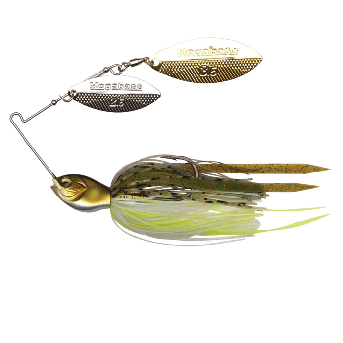 Megabass SV3 Spinnerbait (DW) featuring dual metallic gold and silver blades, a weighted fish-shaped head, and a two-tone skirt with green, brown, and chartreuse strands designed for fishing tackle.