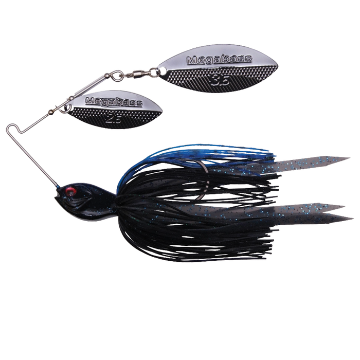 Megabass SV3 Spinnerbait (DW) featuring two silver spinner blades with engraved branding, a black and blue skirt with glitter accents, designed for fishing tackle use.