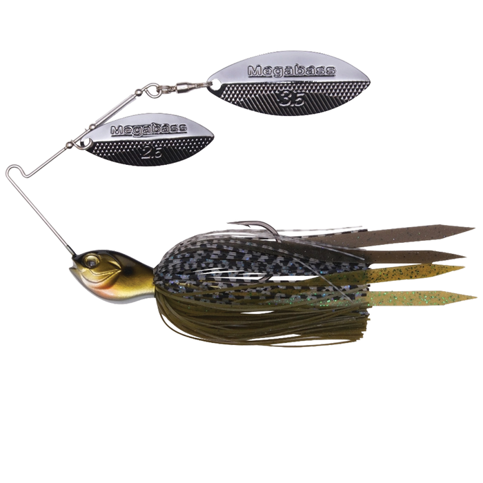 Megabass SV3 Spinnerbait (DW) fishing lure with dual silver spinning blades, detailed fish-shaped head, and multi-colored skirt designed for effective fishing tackle use.