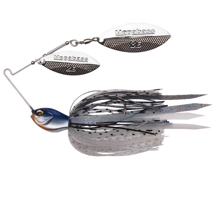 Megabass SV3 Spinnerbait (DW) featuring a detailed fish-shaped head, dual silver spinner blades marked 3.5 and 2.5, and a black, white, and gray skirt with blue speckles for fishing tackle use.