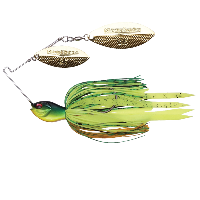 Megabass SV3 Spinnerbait (DW) featuring dual gold-colored spinning blades, a detailed frog-head lure with red eyes, and green and yellow skirted fishing tackle designed for musky fishing.