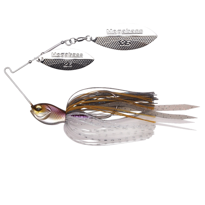 Megabass SV3 Spinnerbait (DW) featuring a detailed fish head with purple and gold shades, two silver spinner blades, and a multi-colored white and brown skirt designed for fishing tackle.