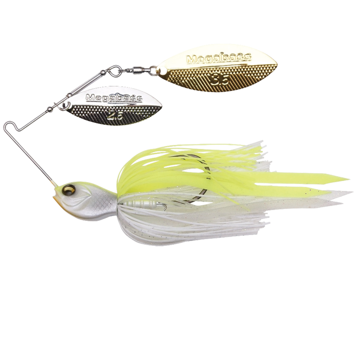 Megabass SV3 Spinnerbait (DW) featuring dual metallic spinner blades in gold and silver, with a detailed fish-shaped head and skirted yellow and white trailing fibers designed for fishing tackle.